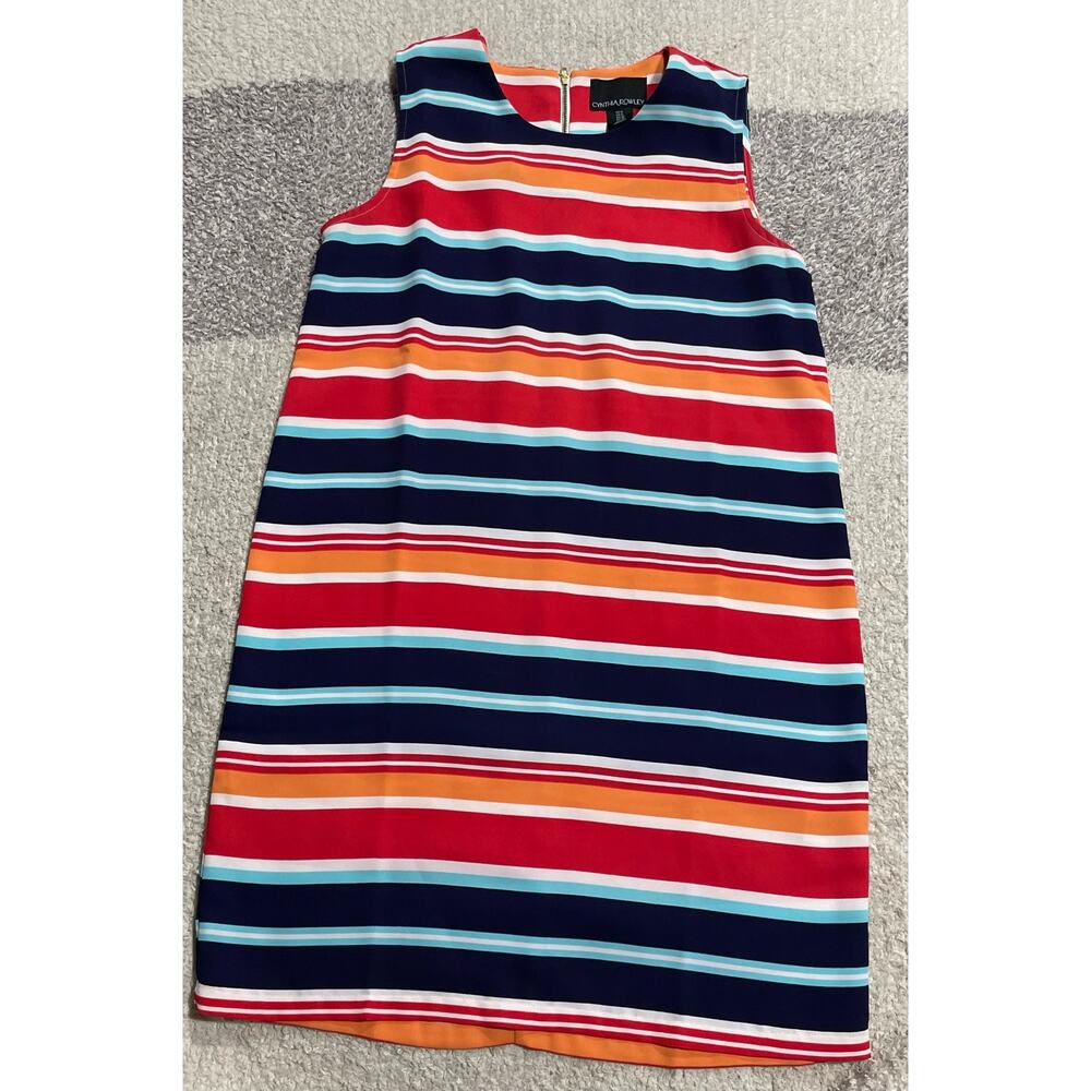Cynthia Rowley Sleeveless Sheath Dress Women's Sz 6 Striped Zip Back Orange Blue